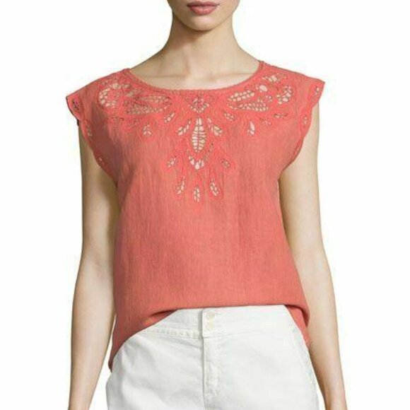 Joie Eyelet Cotton Linen Top Womens Small Coral Short Sleeve Lace Kinski Summer - Picture 2 of 10